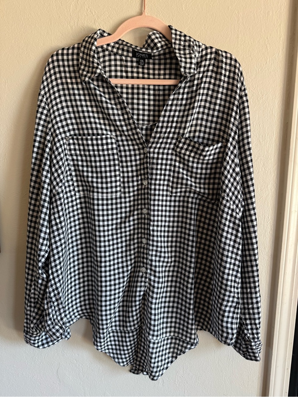 Jones New York Black & White Gingham Tie Front Blouse XXL